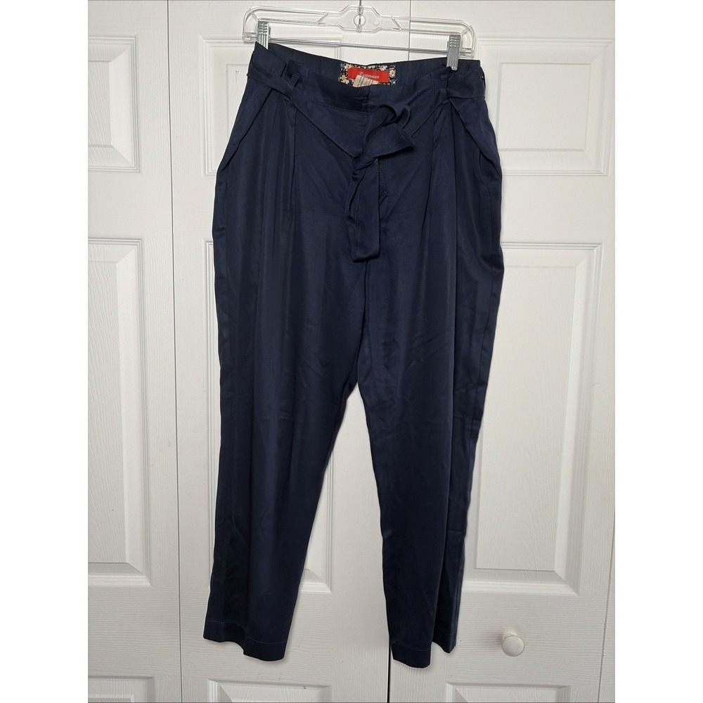 Cartonnier Tie Waist Tapered Pants Womens Size M Navy Blue Pleated Tencel Ankle‎